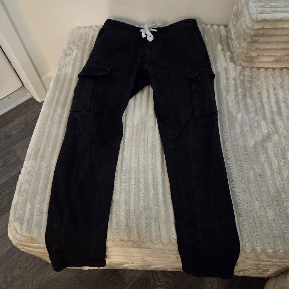 Fashion Nova Boys Medium Black Pocket Cargo Pants Denim Jeans Baggy
